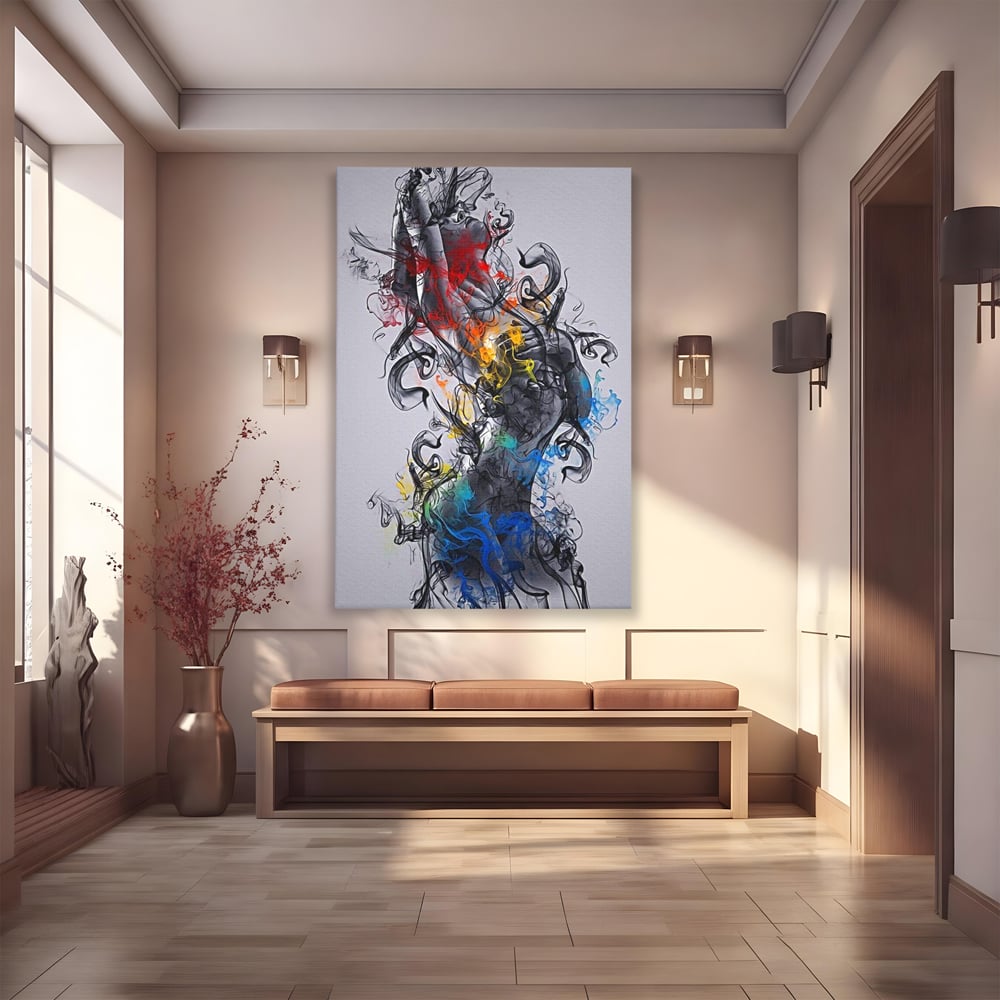 Tablou canvas cu tablou canvas cu silueta feminina si fum, fara rama, pe sasiu de lemn